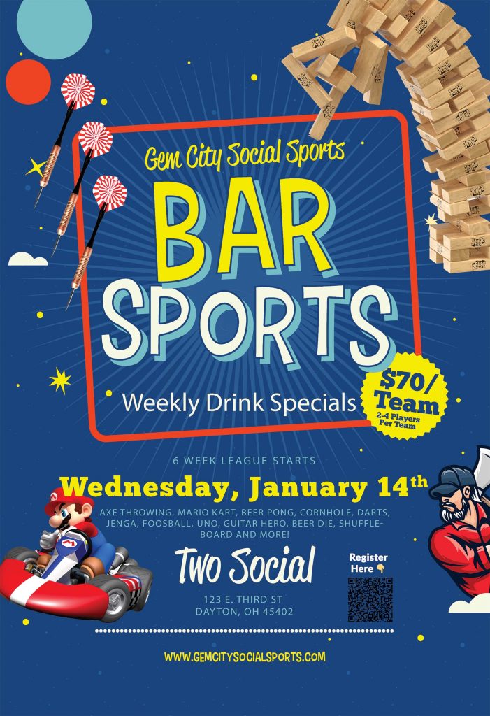Promotional poster for Gem City Social Sports Bar Sports League. Includes league details, start date, price, and illustrations of games like Mario Kart and axe throwing.