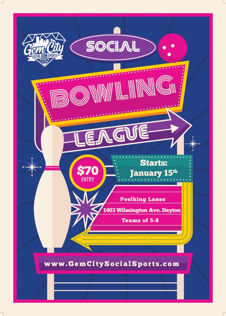 Gem City Social Sports Bowling League flyer. Starts January 15th. $70 entry. Located at Poelking Lanes in Dayton. Teams of 5-8.