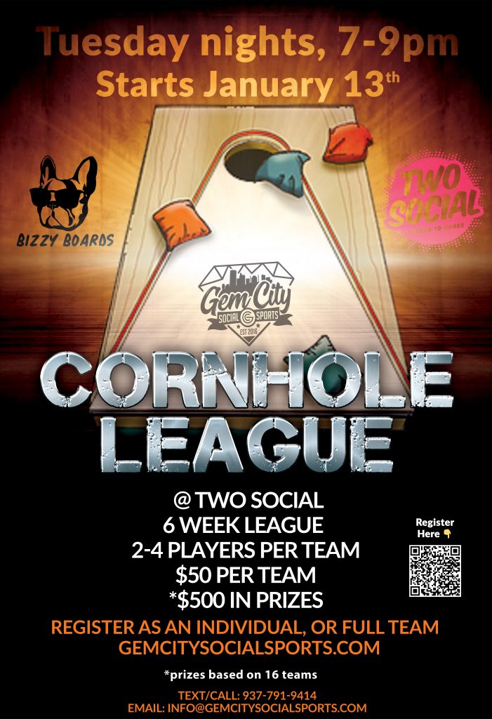 Dayton Social Cornhole League poster at Two Social starting January 13th. Features $500 cash prizes and registration details.