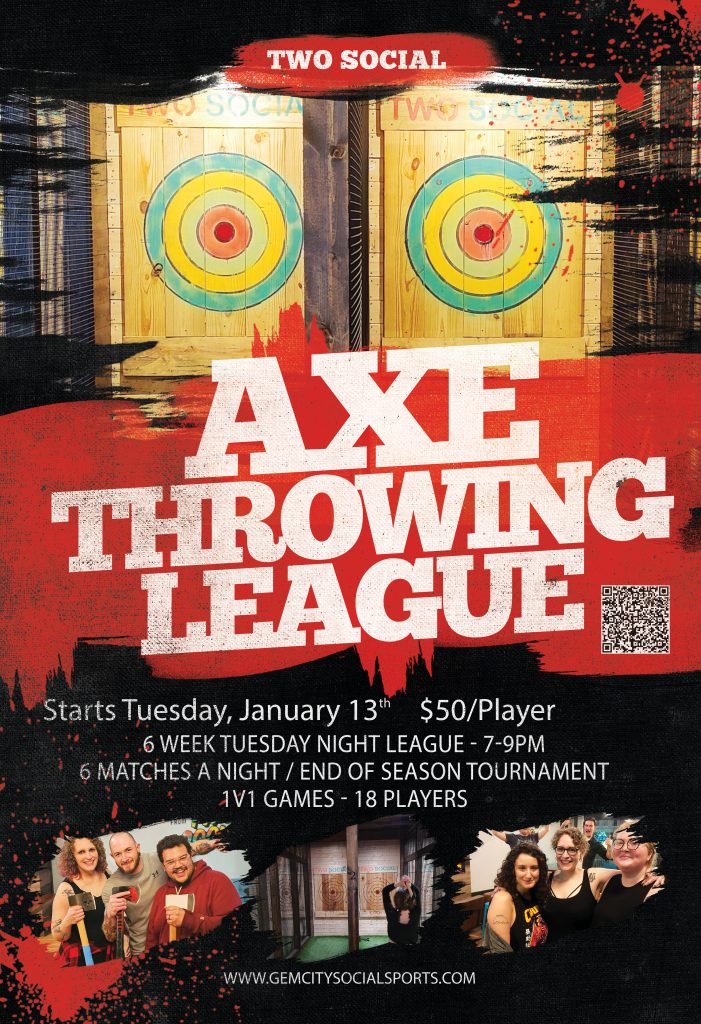 Axe Throwing League flyer for Two Social, Dayton, Ohio, starting January 13th.