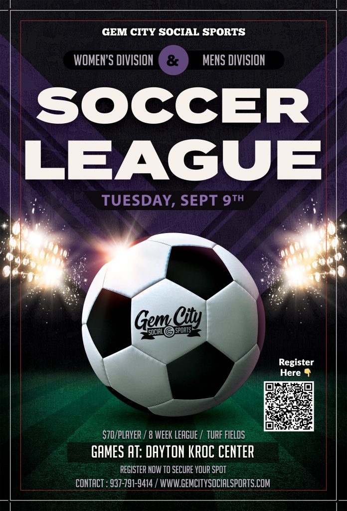 A promotional poster for Gem City Social Sports' Fall Soccer League, advertising a Women's and Men's division starting Tuesday, September 9th. The poster features a soccer ball on a turf field under stadium lights and includes a QR code for registration.