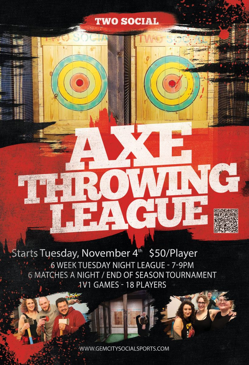 Axe Throwing League Fall 2024 Registration Flyer Axe Throwing League at Two Social in Dayton, Ohio, starting November 4th.