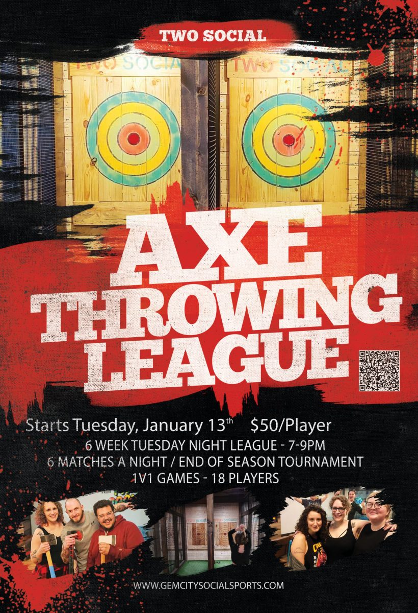 Axe Throwing League flyer for Two Social, Dayton, Ohio, starting January 13th.